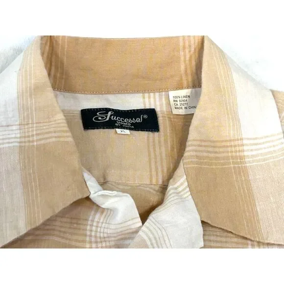 100% Linen Uomo plaid sand and beige open collar short sleeve shirt, XL - Picture 3 of 5